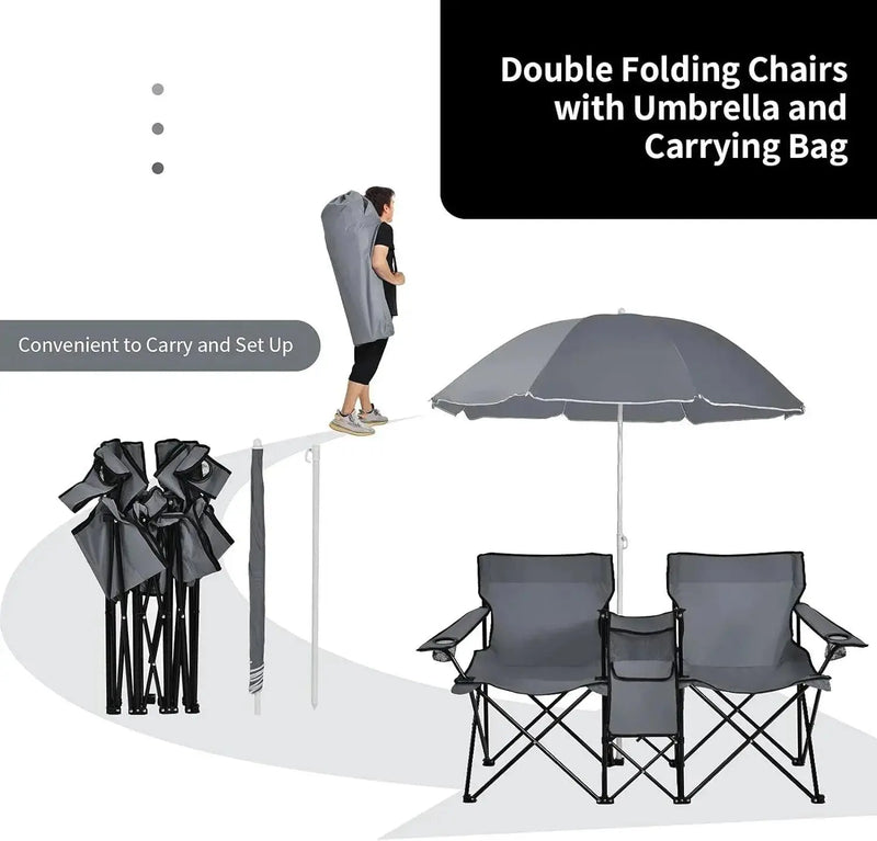 Portable Folding Picnic Double Chair W/Umbrella Table Cooler Beach Camping Chair for Patio Pool Park Outdoor Portable Folding Picnic Double Chair W/Umbrella Table Cooler Beach   AliExpress Lacatang Shop 