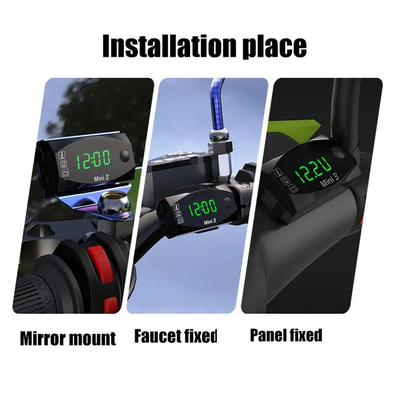 12V Motorcycle Electronic Clock Waterproof 3 in 1 Motobike Thermometer Voltmeter Digital Display Digital Voltage Meter - Lacatang Shop