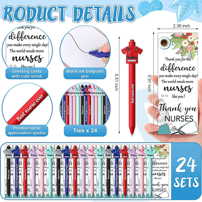 24 Set Nurse Pens Bulk 2026 Nurse Appreciation Gift Cute Medical Themed Cartoon Ballpoint Pens with Inspirational Greeting Cards for Nurse Week Doctor Medical Assistant Healthcare Worker Appreciation Gift CNA Week Supplies