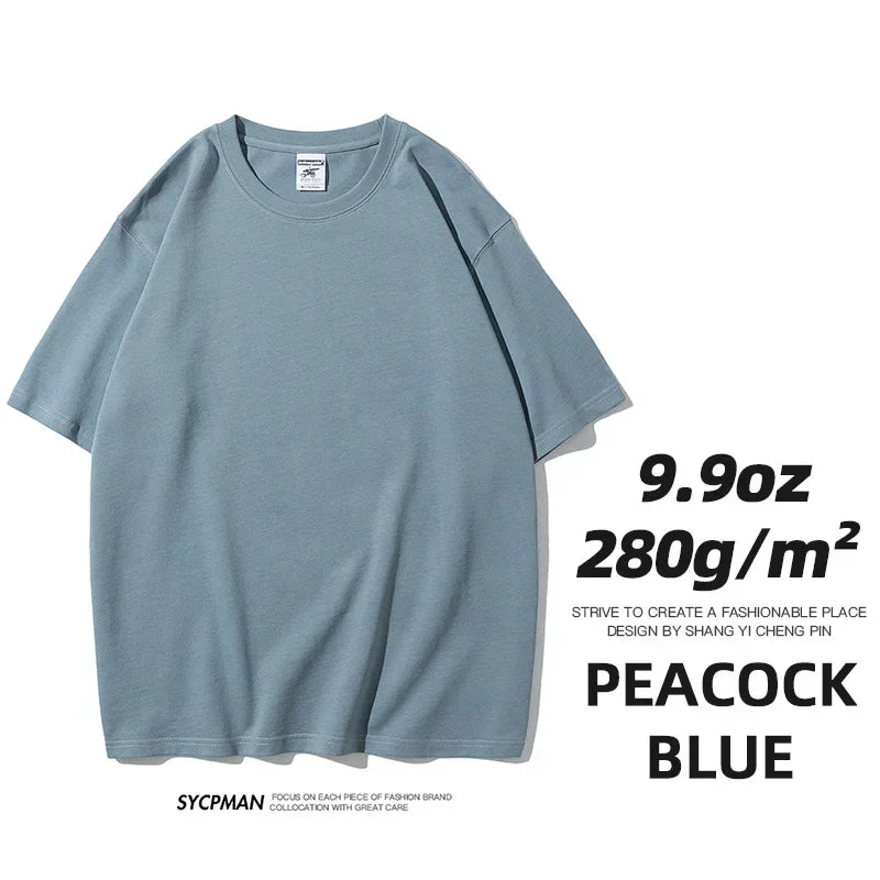 9.9oz 280gsm High Qualtity Oversized Heavy T-shirt for Men Short Sleeve Tee Cotton Solid Color Trend Leisure Green White Black