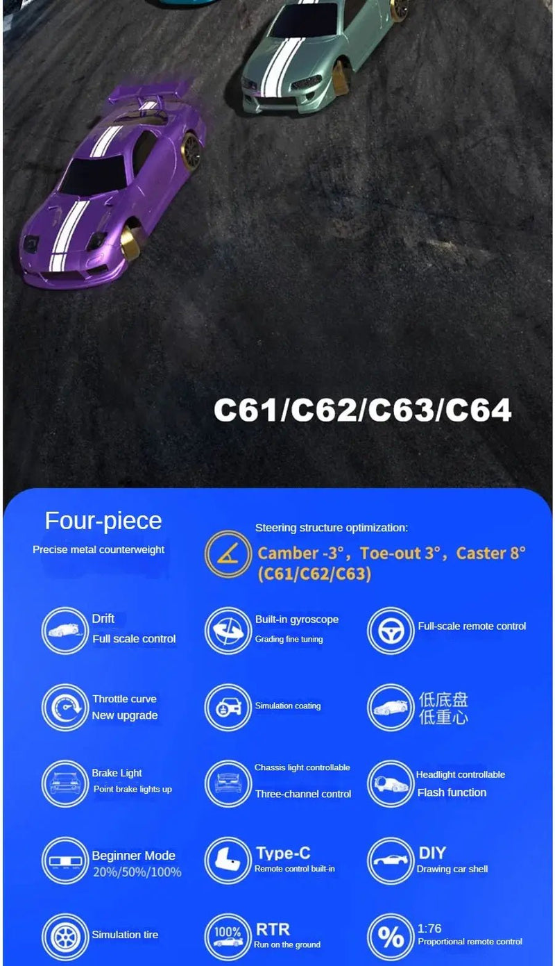 1/76 RC Mini Drift Car TURBO RACING Rear Wheel Drive Racing Built in Metal Weights for Boys Gift RTR Mode - Lacatang Shop