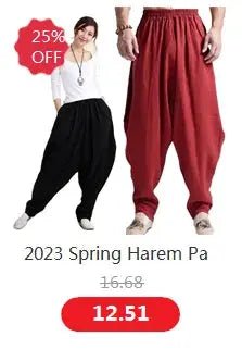 2024 Spring Women Casual Loose Harem Pants Solid Elastic Waist Summer Wide Leg Pants Plus size Cotton linen Trousers 4XL 5XL - Lacatang Shop