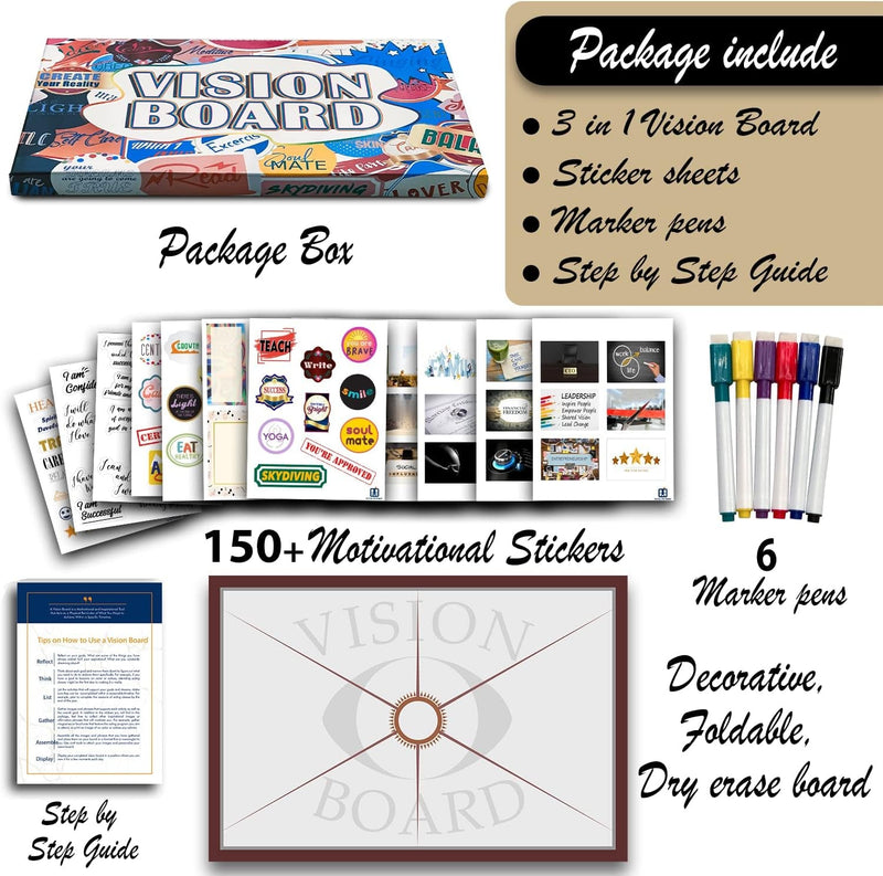3 in 1 Vision Board: Decorative, Foldable, Dry Erase Vision Board Kit with 200+ Motivational Stickers. 27” X 17” Board to Manifest Your Goals Using Law of Attraction (Zion) - Lacatang Shop