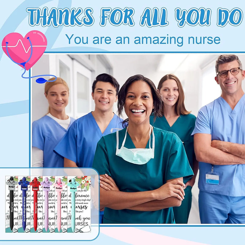 24 Set Nurse Pens Bulk 2026 Nurse Appreciation Gift Cute Medical Themed Cartoon Ballpoint Pens with Inspirational Greeting Cards for Nurse Week Doctor Medical Assistant Healthcare Worker Appreciation Gift CNA Week Supplies