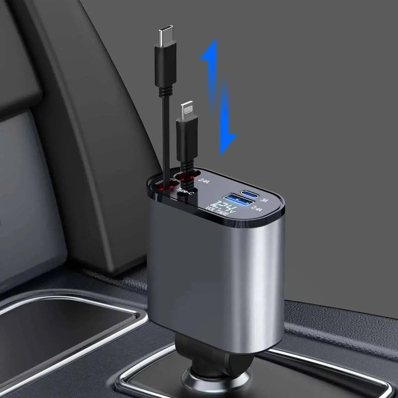 4 in 1 Retractable Car Charger, 100W Fast Car Phone Charger with Iphone and Type C Cable and 2 Charging Ports Car Charger Adapter - Lacatang Shop