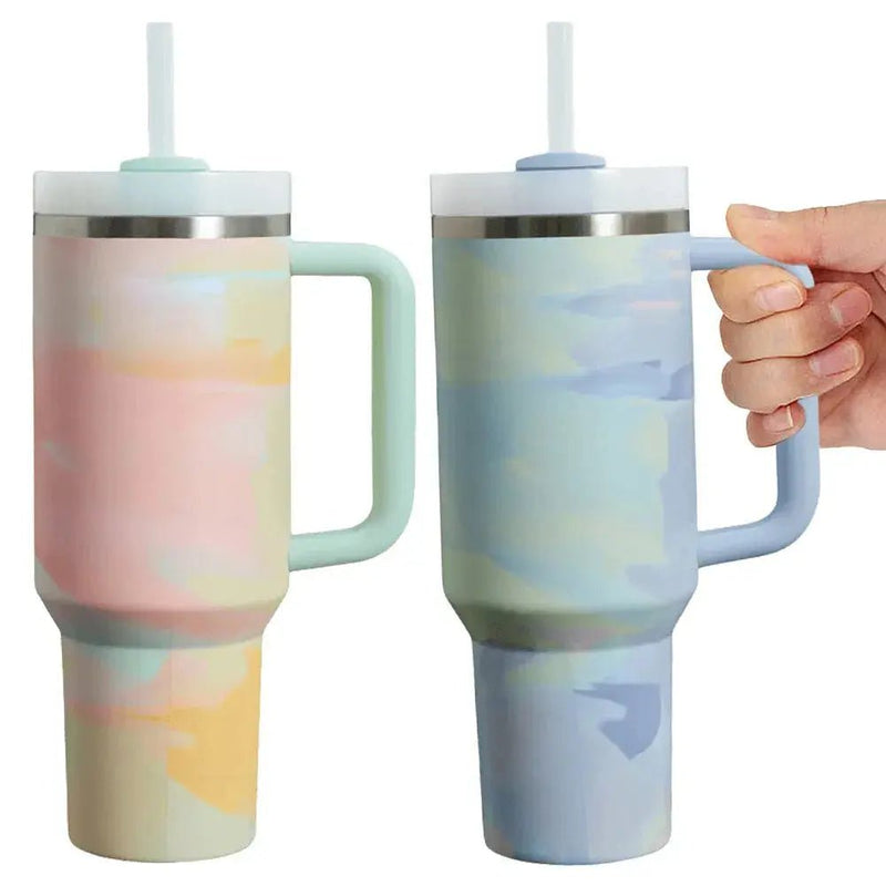 40 oz Iced Tumbler with Handle Straw Lid Stainless Steel Vacuum Insulated Coffee Mug Portable Thermal Travel Cup for Sport Car - Lacatang Shop