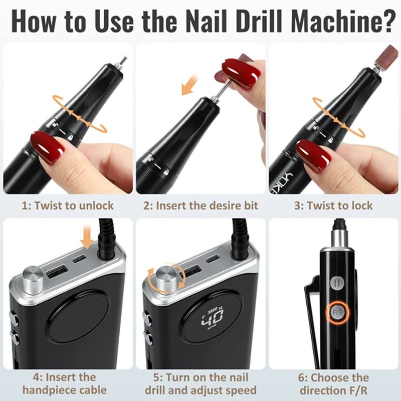 40000RPM ELECTRIC NAIL DRILL MANICURE MACHINE FOR CUTTING UV POLISH GEL 2023NEW RECHARGEABLE PORTABLE ELECTRIC NAIL FILE TOOLS - Lacatang Shop