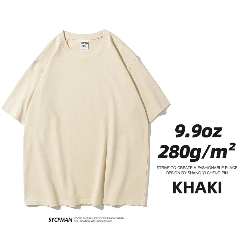 9.9oz 280gsm High Qualtity Oversized Heavy T-shirt for Men Short Sleeve Tee Cotton Solid Color Trend Leisure Green White Black