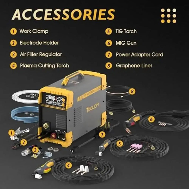 5 - in - 1 Welder 200A MIG/TIG/CUT/Stick Dual Voltage Aluminum Welding Machine LCD Display Plasma Cutter Compatible Spool Gun - Lacatang Shop
