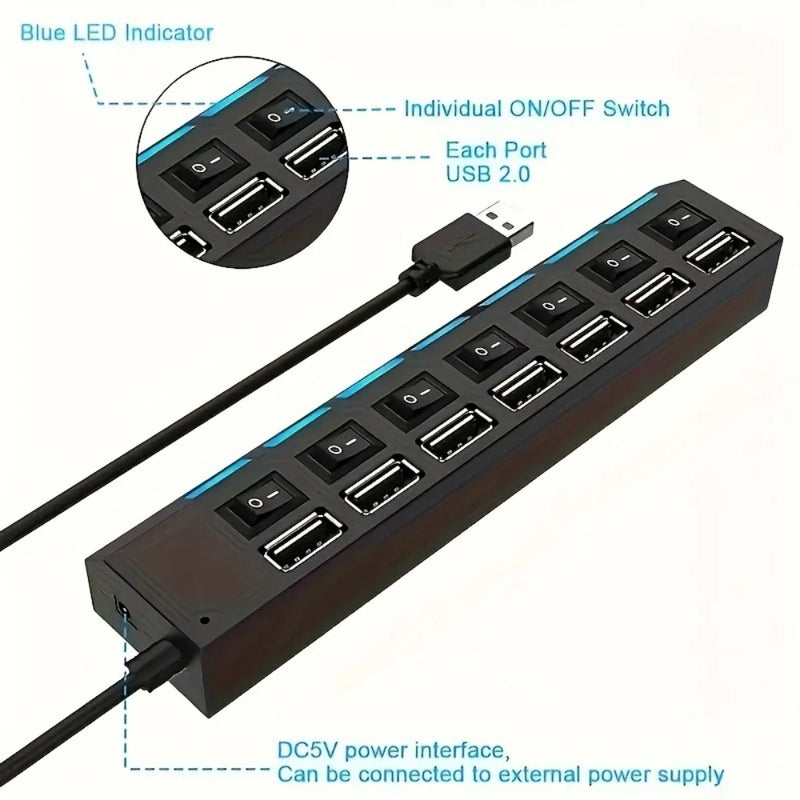 USB 2.0 Hub 4/7 Port Splitter Power Adapter With ON/OFF Switch Multiple Expander HUB For PC Laptop MacBook Desktop Accessories