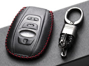 Leather Smart Key Fob Case Cover Compatible with Subaru Forester, Impreza, Outback, WRX, BRZ, XV Crosstrek, Ascent, Solterra 2014 - 2025 (4-Button, Black/Red)