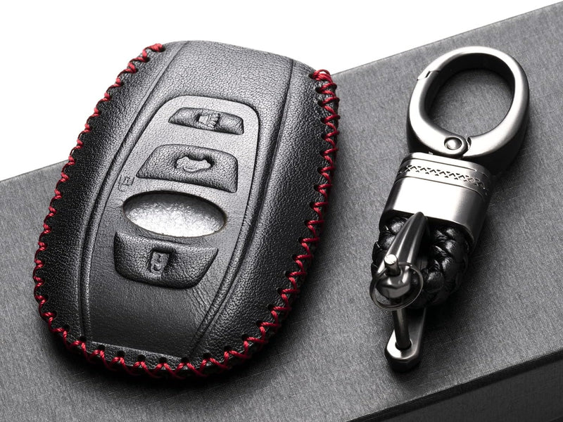 Leather Smart Key Fob Case Cover Compatible with Subaru Forester, Impreza, Outback, WRX, BRZ, XV Crosstrek, Ascent, Solterra 2014 - 2025 (4-Button, Black/Red)