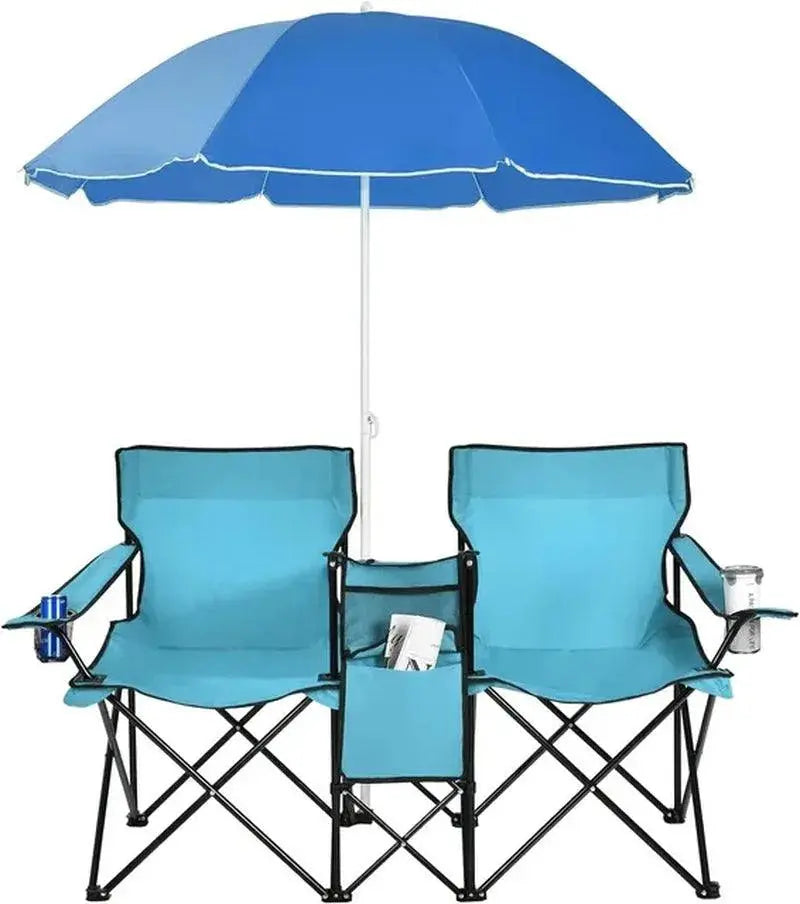 Portable Folding Picnic Double Chair W/Umbrella Table Cooler Beach Camping Chair for Patio Pool Park Outdoor Portable Folding Picnic Double Chair W/Umbrella Table Cooler Beach   AliExpress Lacatang Shop 