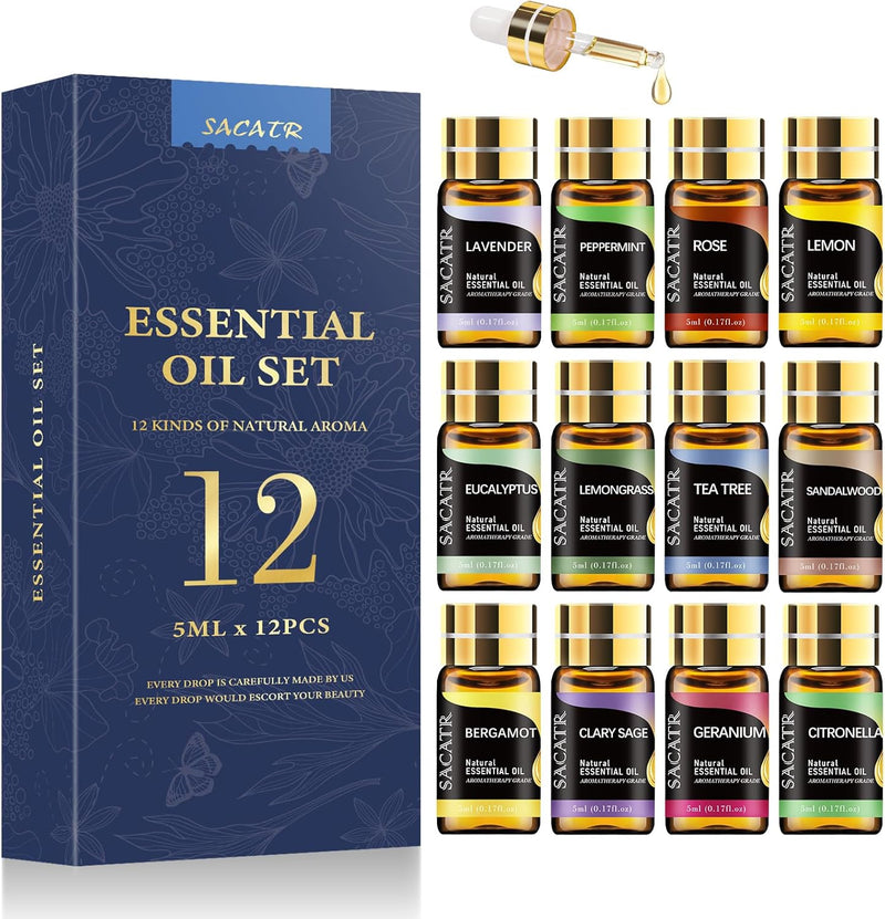Natural Essential Oil Set - 12 Essential Oils Gift Set for Diffuser, Massage, Fragrance Oil Scent for DIY Candle and Soap Making (12 * 5ML)