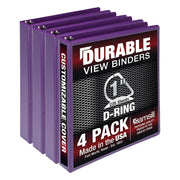 Durable 1 Inch 3 Ring Binder, Made in USA, D Ring Binder, FSC 100% Recycled Chipboard, Purple, 4 Pack