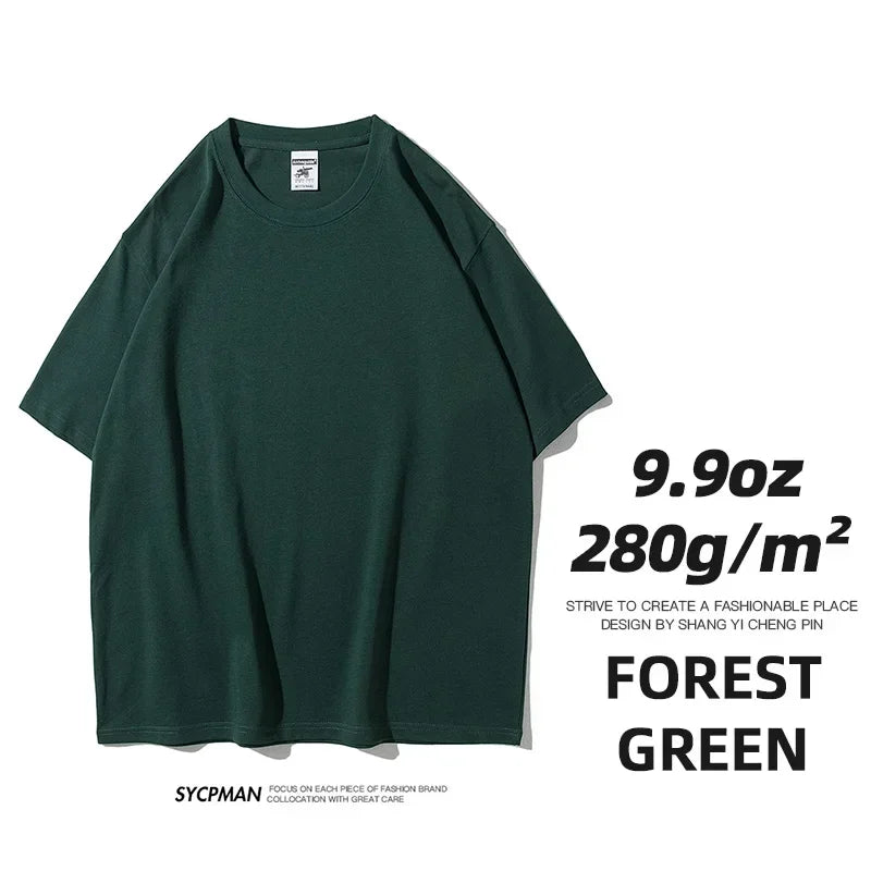 9.9oz 280gsm High Qualtity Oversized Heavy T-shirt for Men Short Sleeve Tee Cotton Solid Color Trend Leisure Green White Black