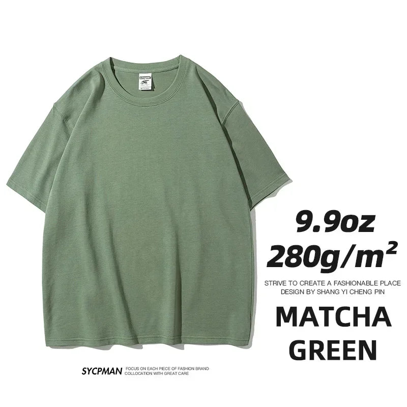 9.9oz 280gsm High Qualtity Oversized Heavy T-shirt for Men Short Sleeve Tee Cotton Solid Color Trend Leisure Green White Black