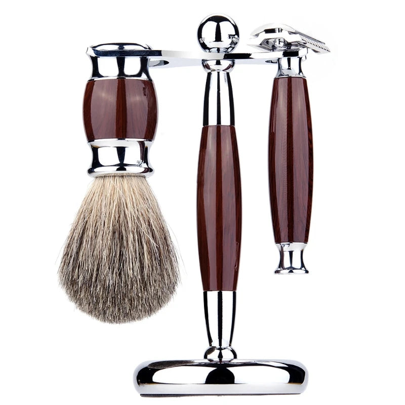 3 In 1 Luxury Manual Shaving Kit for Men - Beard Cleaning Brush, Metal Shaver, Razor Stand Holder, Hair Trimmer Grooming Tool Set