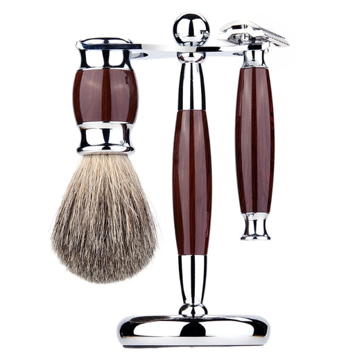 3 In 1 Luxury Manual Shaving Kit for Men - Beard Cleaning Brush, Metal Shaver, Razor Stand Holder, Hair Trimmer Grooming Tool Set