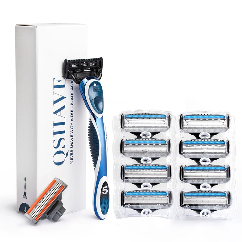 QShave Blue Men Shaving Razor, 1 Handle & 10 Cartridges (1pc X3 Blade, 9pcs X5 Blade)
