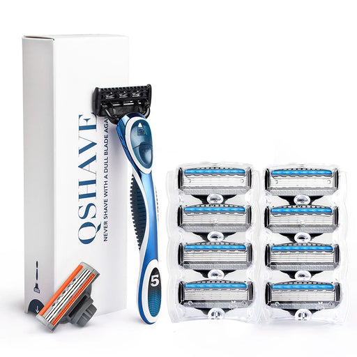QShave Blue Men Shaving Razor, 1 Handle & 10 Cartridges (1pc X3 Blade, 9pcs X5 Blade)