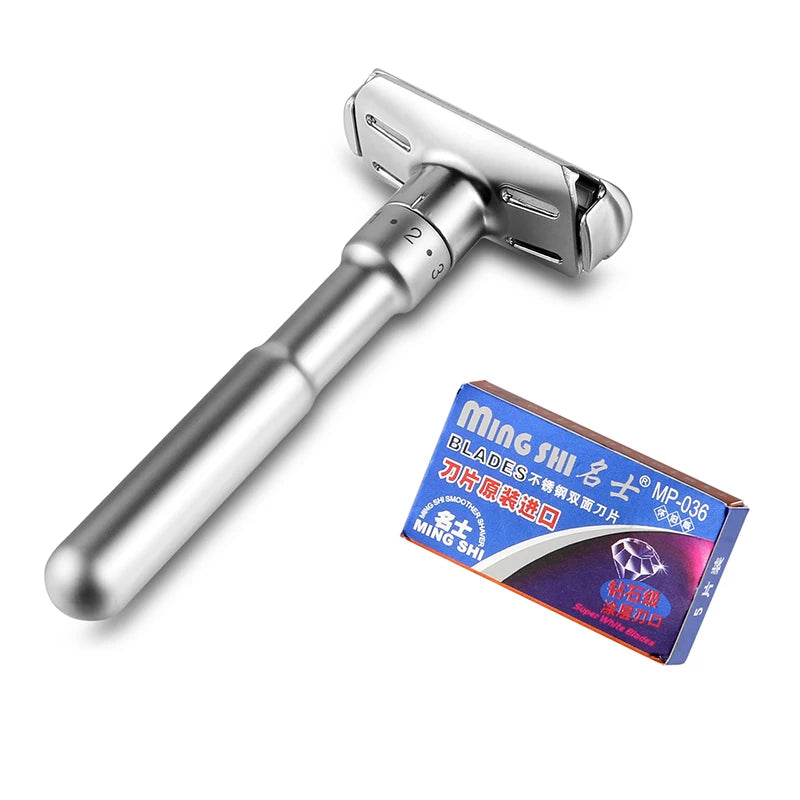 Mingshi Adjustable Safety Razor Double Edge Classic Men Shaving Mild to Aggressive 1-6 File Hair Removal Shaver with 5 Blades