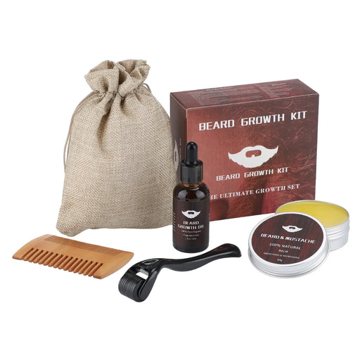 Beard Growth Kit for Men - Hair Growth Enhancer, Thicker Mustache Grooming Set with Beard Care Oil, Moisturizer, Wax Balm, and Comb