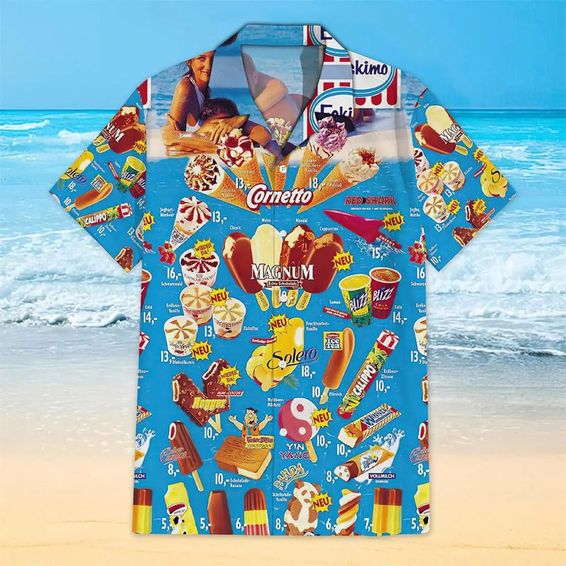Men's Casual Summer Short Sleeve Ice Cream Pattern 3D Hawaiian Shirt for Beach Trips - Oversized Clothing