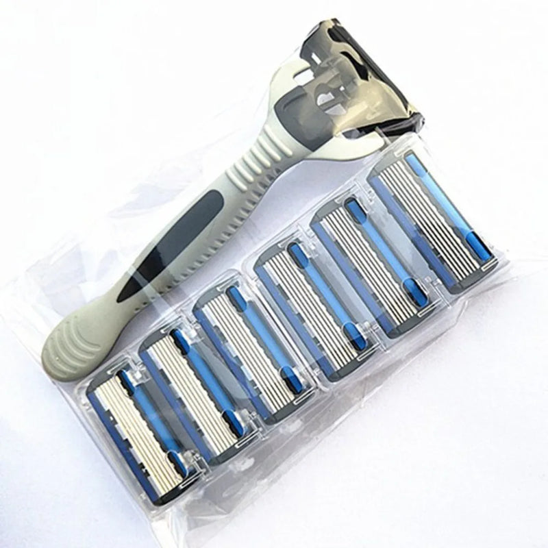 6-Layer Shaver Razor Set (1 Razor Holder + 7 Blade Heads) Blue Body Shaving Knife for Hair Removal for Men and Women