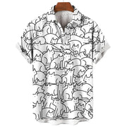 Men's Short Sleeve Shirt Fashion Cartoon Line Cat Pattern Print Top Women's Casual Button Shirt Top