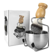 Men's Shaving Brush and Bowl Set, 3-in-1 Shaving Brush Kit with Wood Handle, Stainless Steel Shaving Bowl & Brush Stand