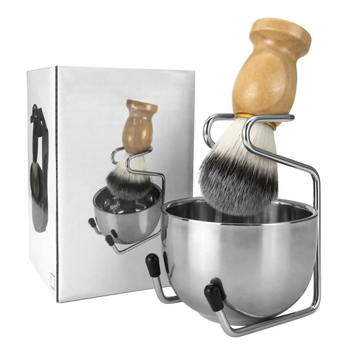 Men's Shaving Brush and Bowl Set, 3-in-1 Shaving Brush Kit with Wood Handle, Stainless Steel Shaving Bowl & Brush Stand