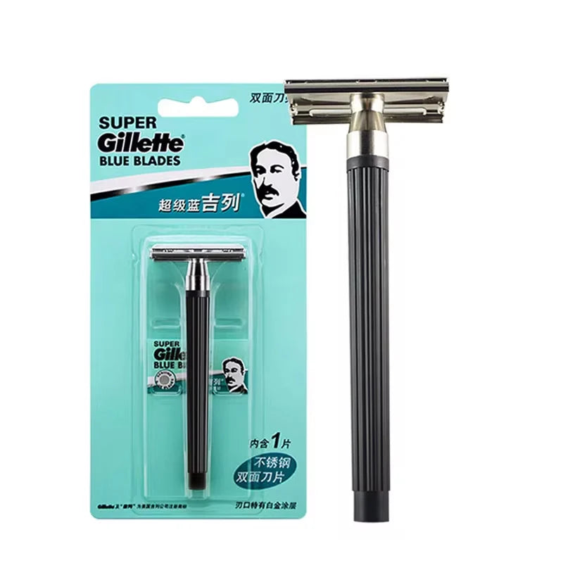 Original Gillette Super Blue Men's Safety Razor with Stainless Steel Blades for Face Hair Removal - Classic Gillette Shaving Razor