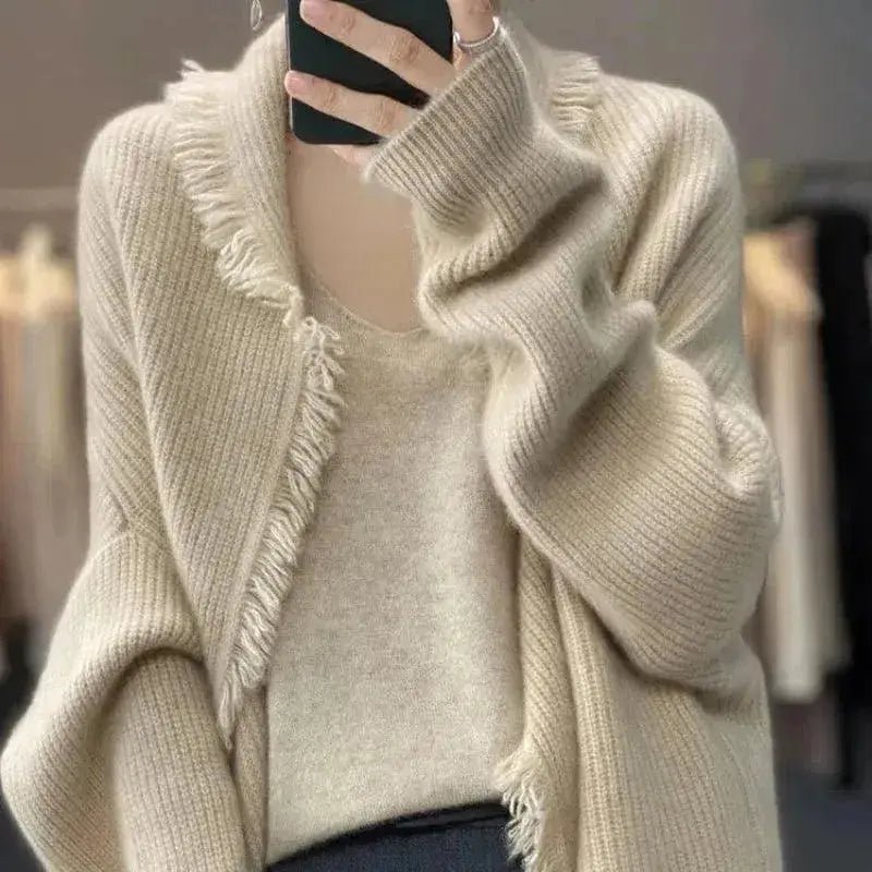 Autumn Winter New Fashion V - neck Long Sleeve Solid Tassels Cardigan Sweaters Women's Clothing Loose All - match Knitting Chic Tops - Lacatang Shop