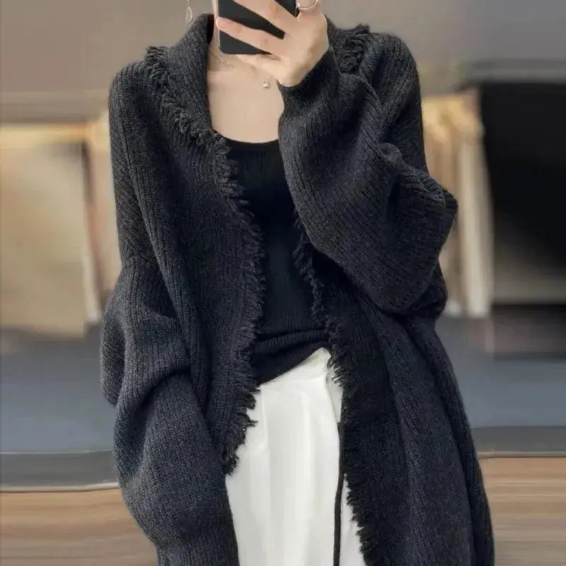 Autumn Winter New Fashion V - neck Long Sleeve Solid Tassels Cardigan Sweaters Women's Clothing Loose All - match Knitting Chic Tops - Lacatang Shop