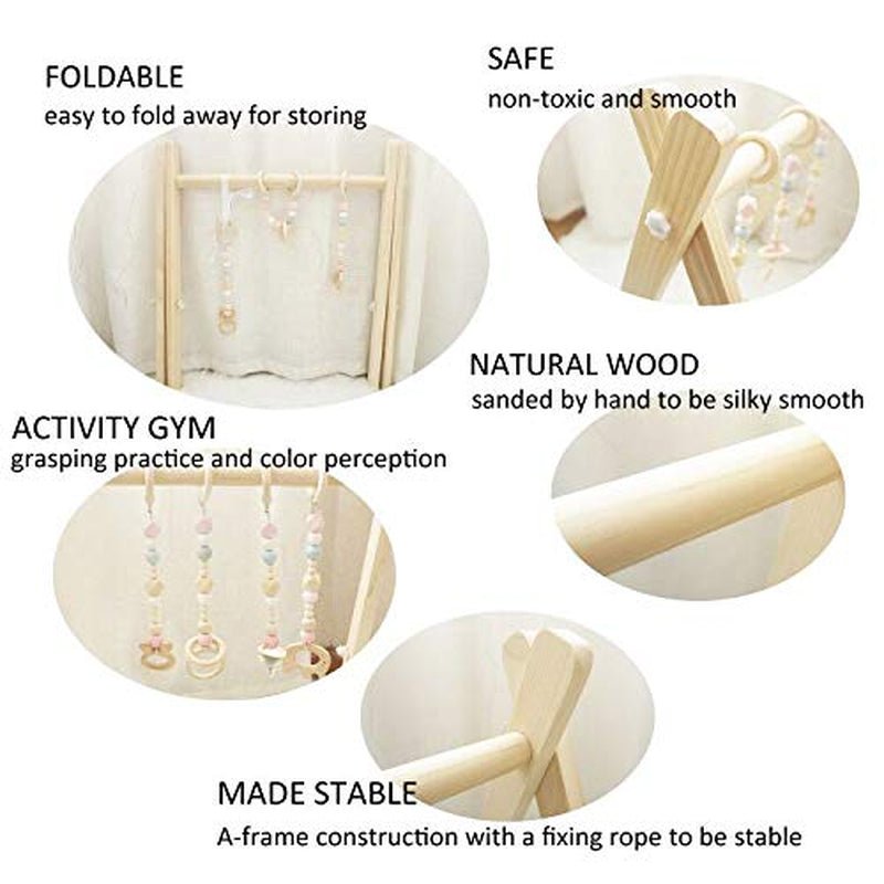 Baby Play Gym, Wooden Baby Gym with 4 Infant Toys, Foldable Wood Gyms Frame Hanging Bar for Toddler, Newborn, Baby Girls and Boys Shower Gift Play Toys - Lacatang Shop
