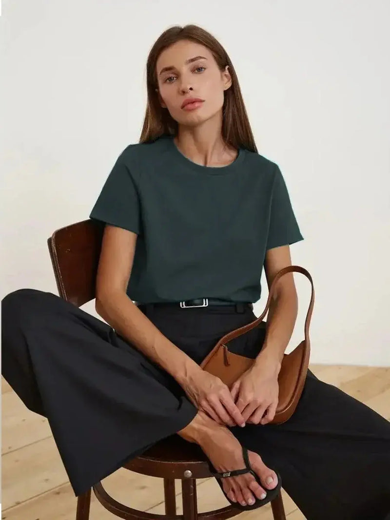 Bornladies Summer 100% Cotton Women's T-shirt Bottoming Basic Fashionable Solid Lady Short Sleeve Loose Tops Shirts 230g/㎡ Tops - Lacatang Shop