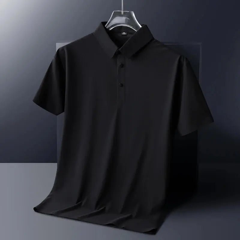 Classic Black High Quality Wrinkle Resistant Ice Silk Short Sleeved T-shirt Men's Summer Lapel Casual Solid Color Tops Polo Men - Lacatang Shop