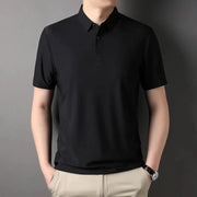 Classic Black High Quality Wrinkle Resistant Ice Silk Short Sleeved T-shirt Men's Summer Lapel Casual Solid Color Tops Polo Men - Lacatang Shop