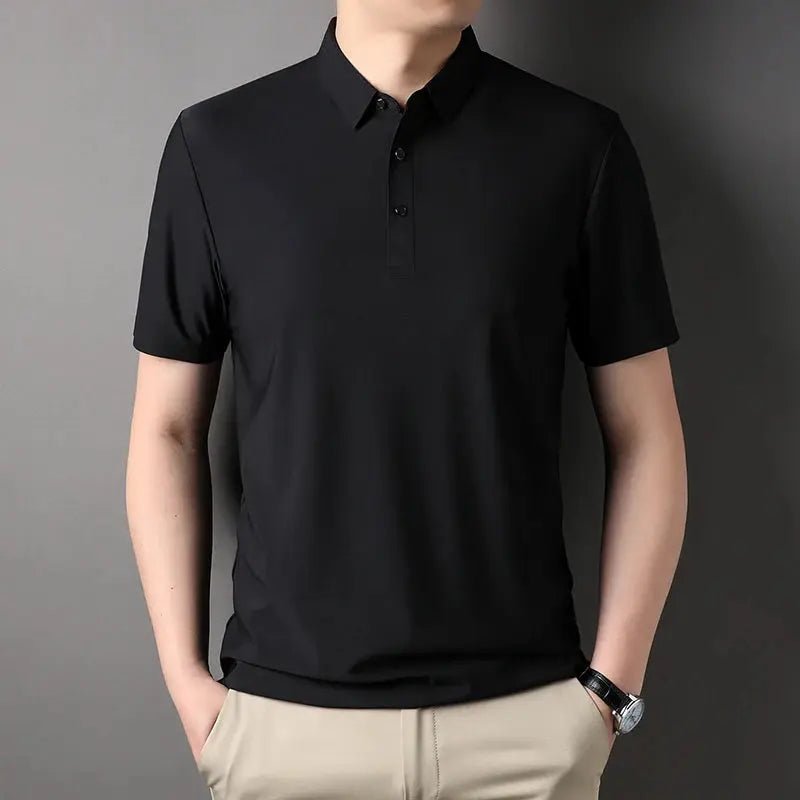 Classic Black High Quality Wrinkle Resistant Ice Silk Short Sleeved T-shirt Men's Summer Lapel Casual Solid Color Tops Polo Men - Lacatang Shop