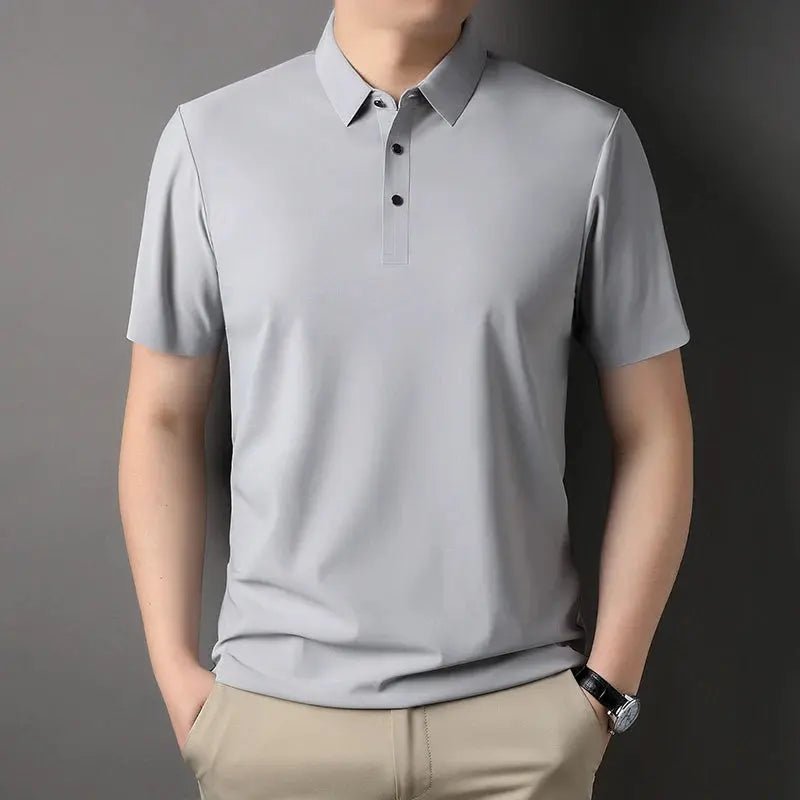 Classic Black High Quality Wrinkle Resistant Ice Silk Short Sleeved T-shirt Men's Summer Lapel Casual Solid Color Tops Polo Men - Lacatang Shop