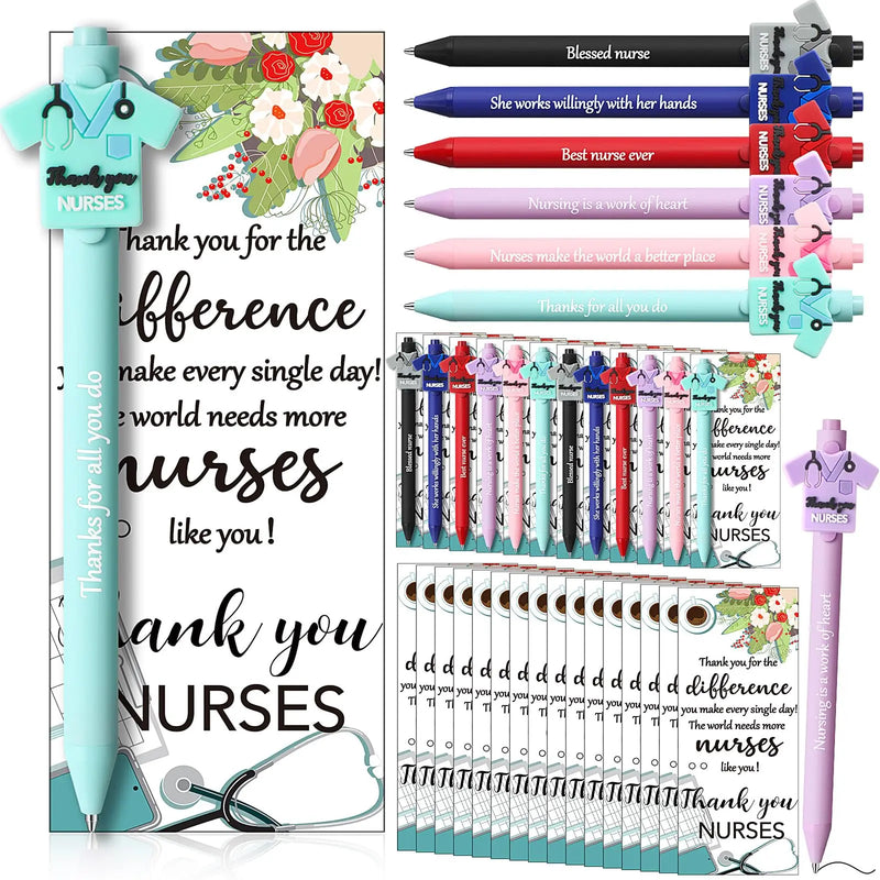 24 Set Nurse Pens Bulk 2026 Nurse Appreciation Gift Cute Medical Themed Cartoon Ballpoint Pens with Inspirational Greeting Cards for Nurse Week Doctor Medical Assistant Healthcare Worker Appreciation Gift CNA Week Supplies