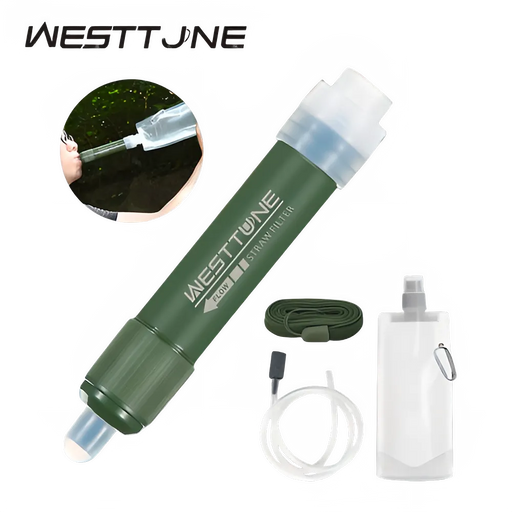 Westtune Outdoor Mini Camping Water Purification Filter Straw with TUP Carbon Fiber Water Bag for Survival and Emergency Supplies
