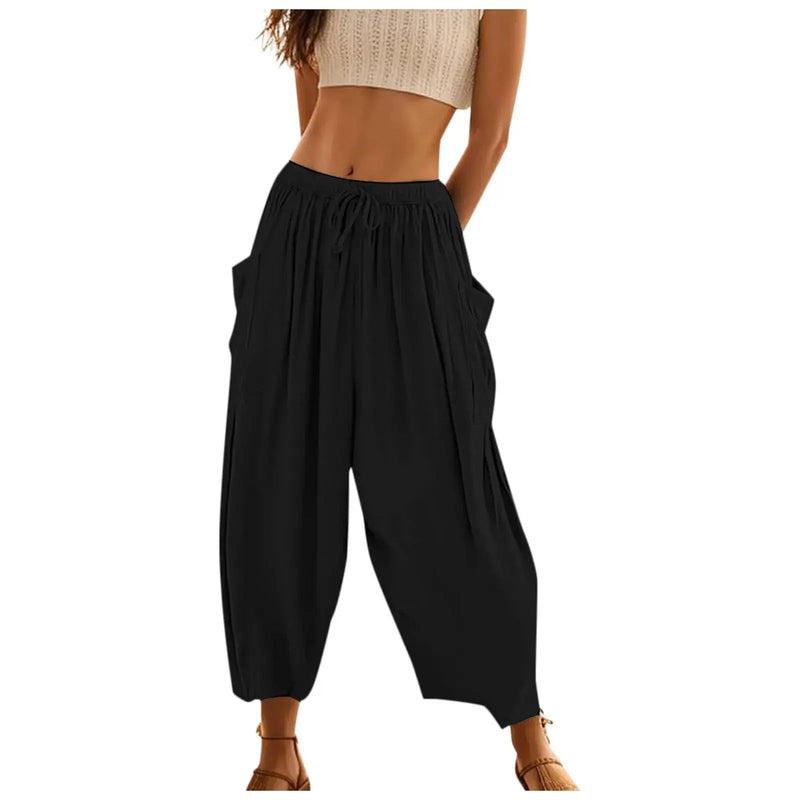 Drop Pocket Women's Harem Pants Summer 2024 Solid Color Loose Trousers Low Waist Outdoor Beach Holiday Female Long Pants - Lacatang Shop