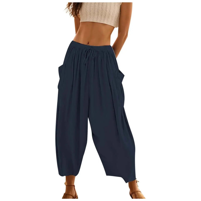 Drop Pocket Women's Harem Pants Summer 2024 Solid Color Loose Trousers Low Waist Outdoor Beach Holiday Female Long Pants - Lacatang Shop