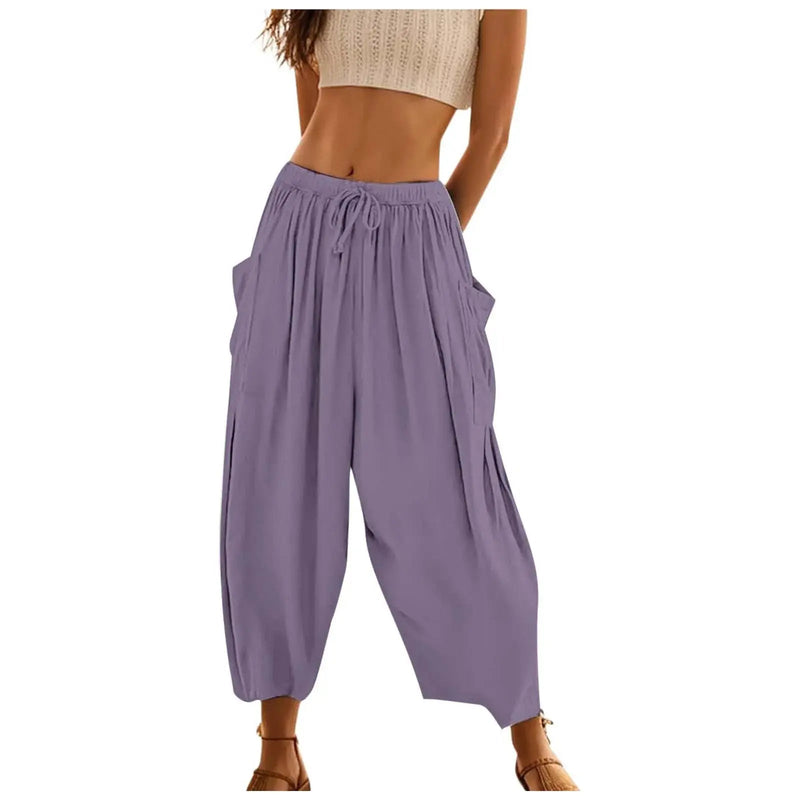 Drop Pocket Women's Harem Pants Summer 2024 Solid Color Loose Trousers Low Waist Outdoor Beach Holiday Female Long Pants - Lacatang Shop