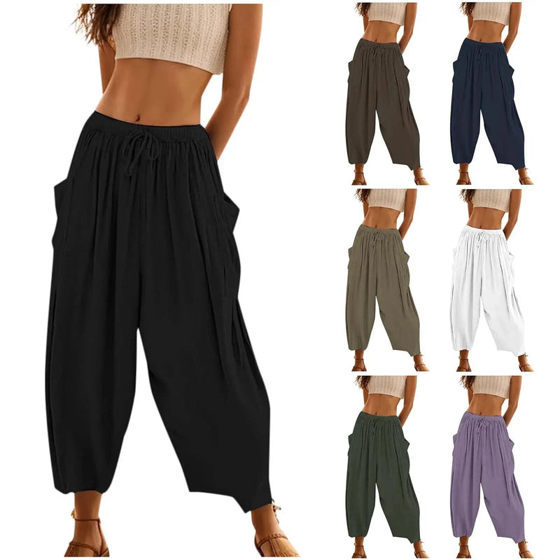 Drop Pocket Women's Harem Pants Summer 2024 Solid Color Loose Trousers Low Waist Outdoor Beach Holiday Female Long Pants - Lacatang Shop