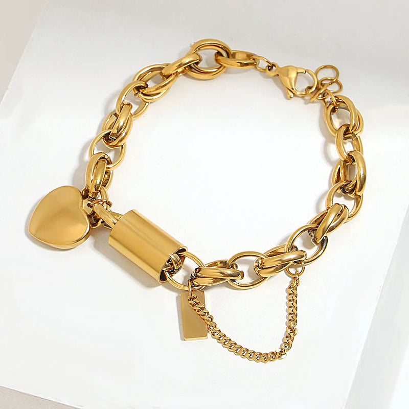 DZ Gold Color Thick Chain Stainless Steel Bracelets for Women Fashion Design Heart Love Pendant Wrist Jewelry - Lacatang Shop