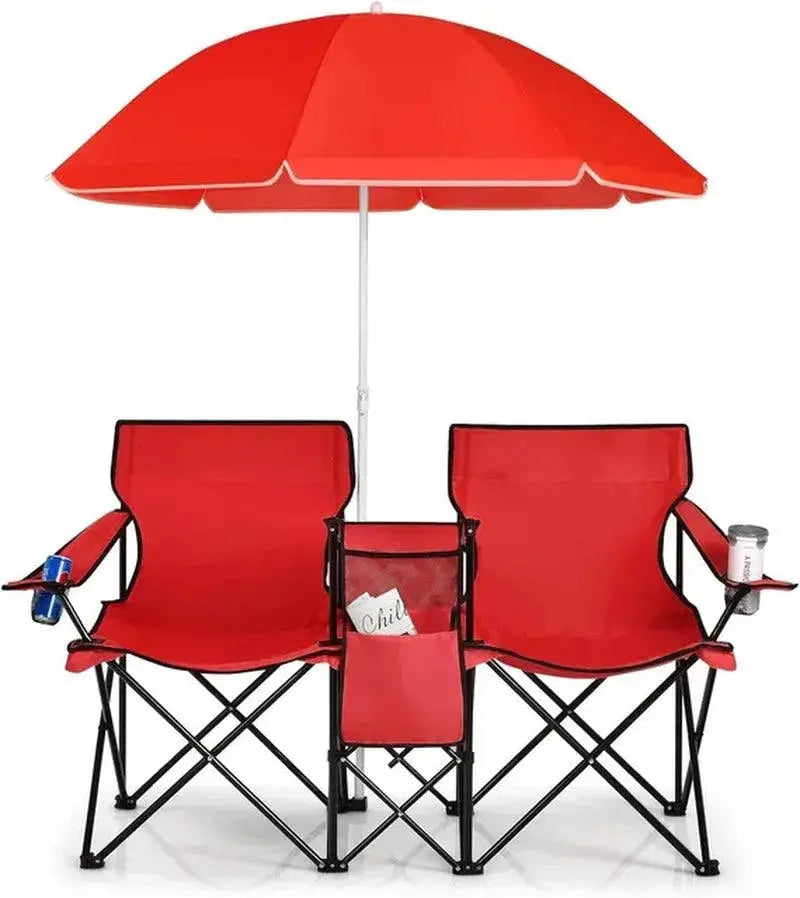 Portable Folding Picnic Double Chair with Umbrella, Table & Cooler
