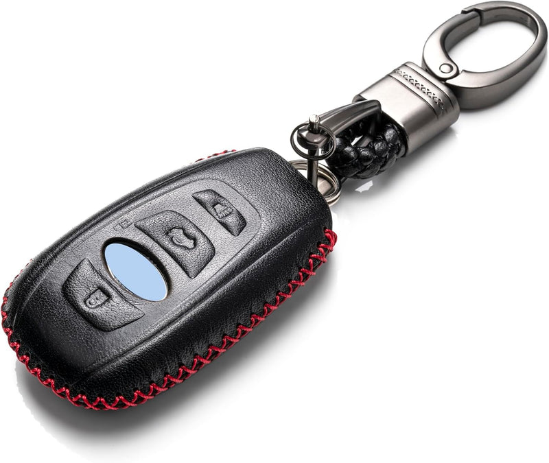 Leather Smart Key Fob Case Cover Compatible with Subaru Forester, Impreza, Outback, WRX, BRZ, XV Crosstrek, Ascent, Solterra 2014 - 2025 (4-Button, Black/Red)